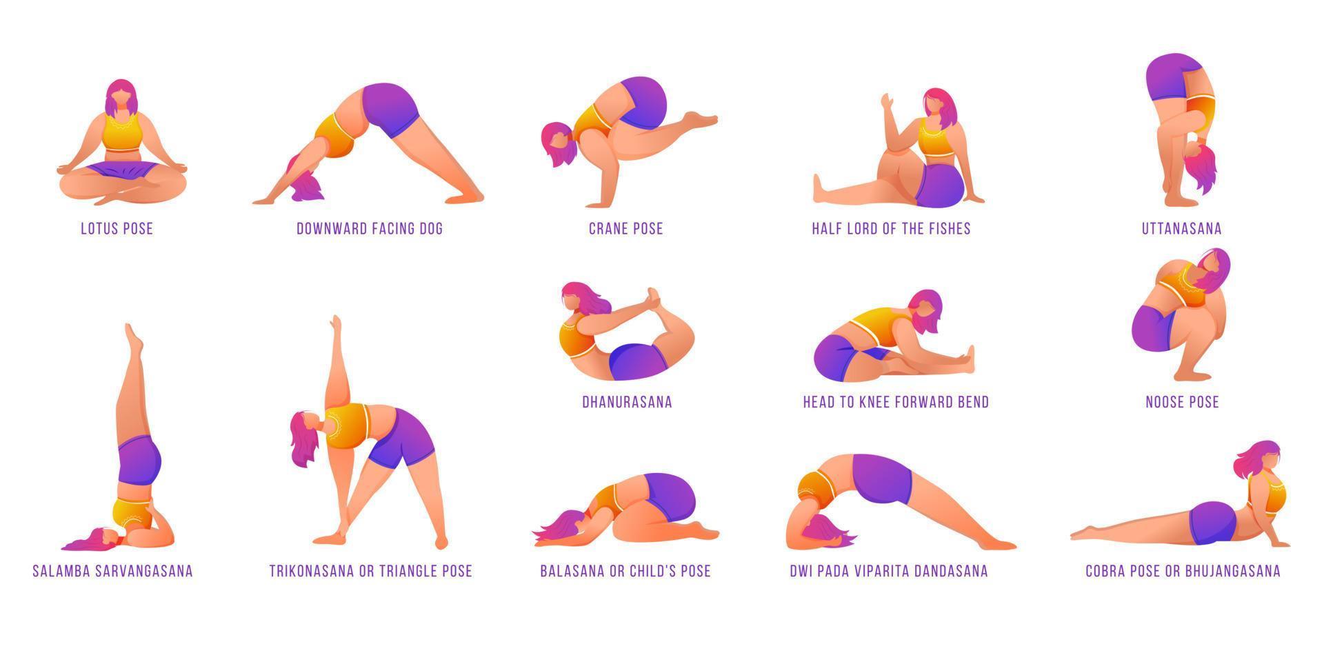 Yoga poses flat vector illustrations set. Caucausian women doing ...