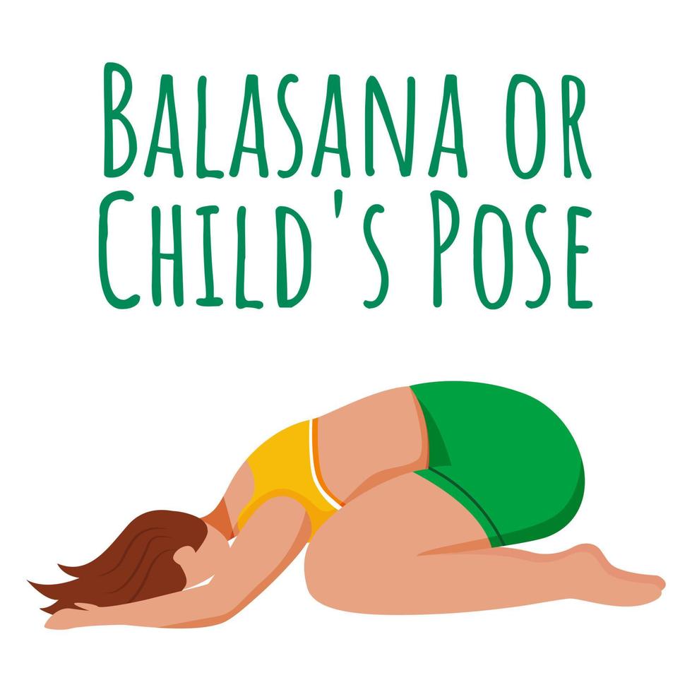 Balasana social media post mockup. Child's pose. Caucausian woman doing yoga posture. Web banner design template. Social media booster, content layout. Poster, printable card with flat illustrations vector