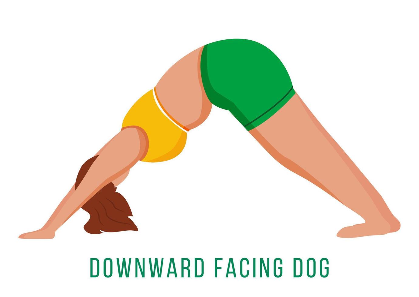 Ilustración de vector plano de perro boca abajo. adho mukha shvanasana. mujer caucásica realizando postura de yoga en ropa deportiva verde y amarilla. ejercicio. personaje de dibujos animados aislado sobre fondo blanco