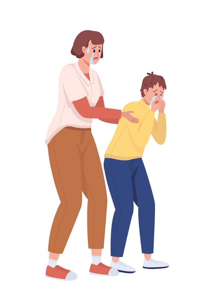 Crying mother embracing son shoulders semi flat color vector characters