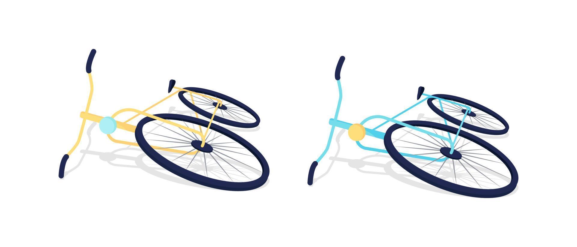 Bicycles lying on ground semi flat color vector objects set