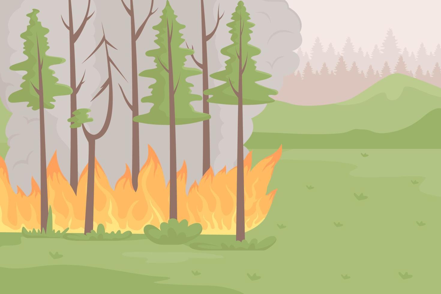 Burning forest flat color vector illustration