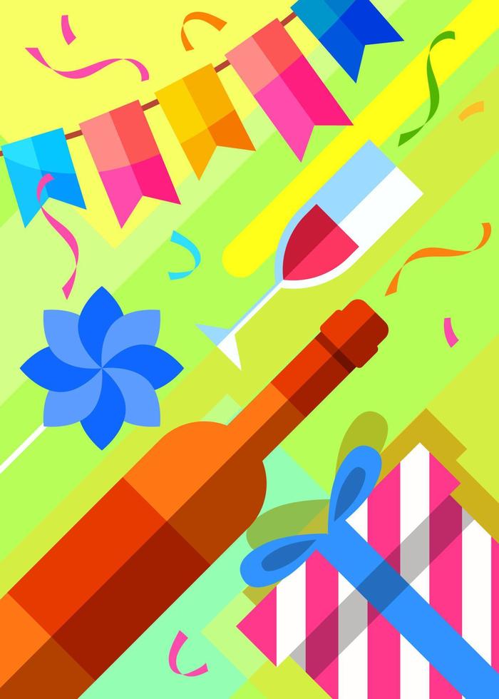 cartel de feliz cumpleaños con vino y decoraciones. vector