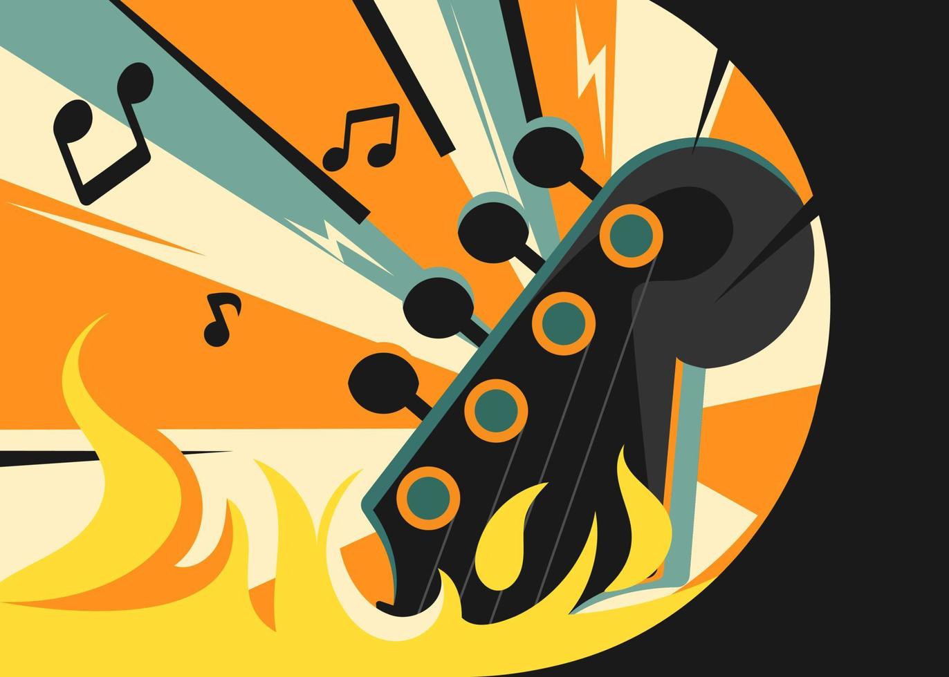 Banner de música rock con guitarra en llamas. vector