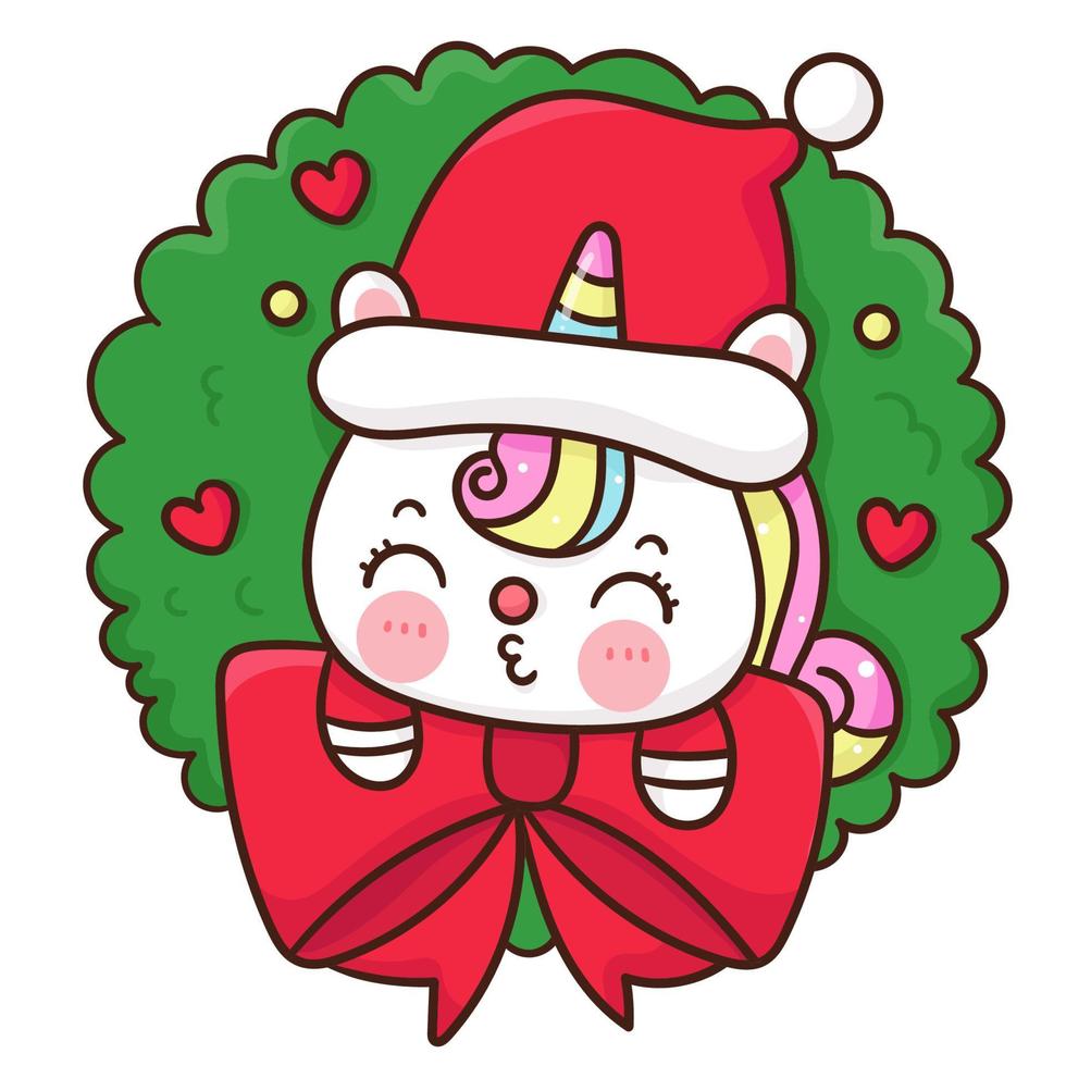 santa unicorn in Christmas wreath kawaii cartoon vector