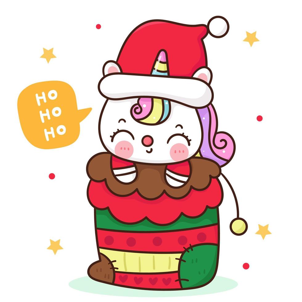 santa, unicornio, en, navidad, calcetín, kawaii, caricatura vector