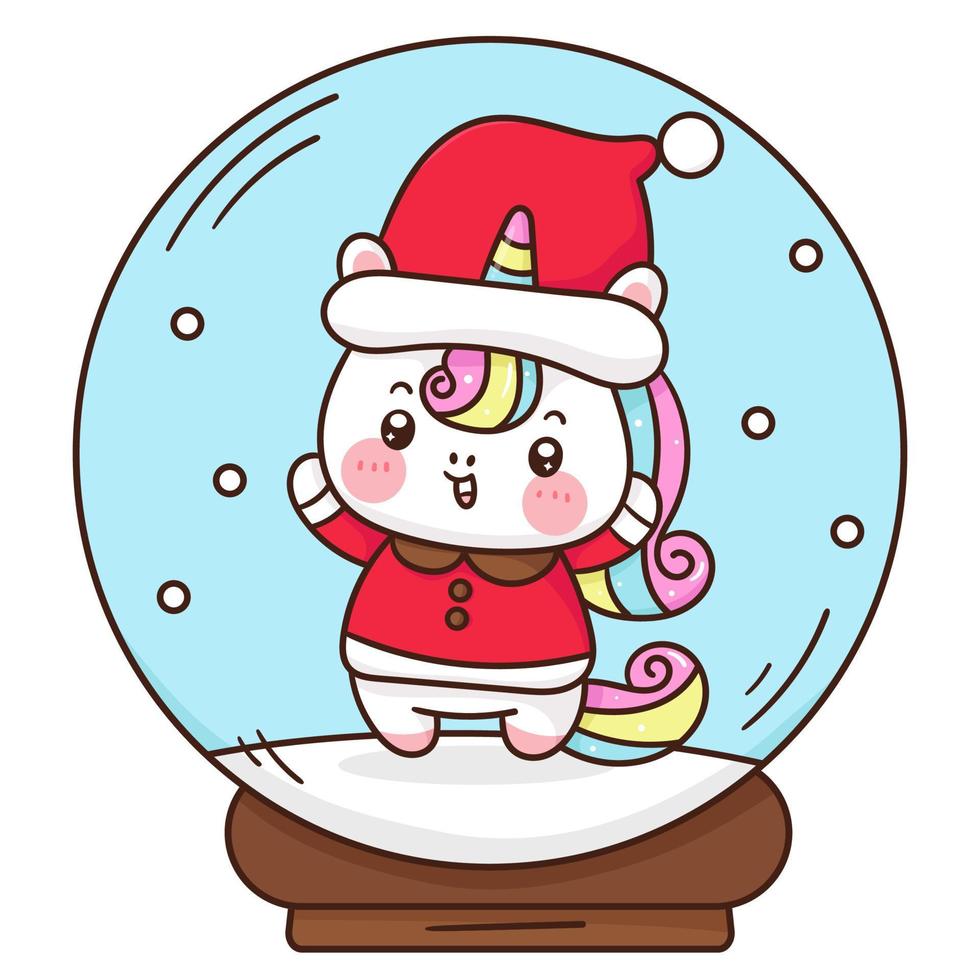 Santa unicornio en bola de navidad kawaii cartoon vector
