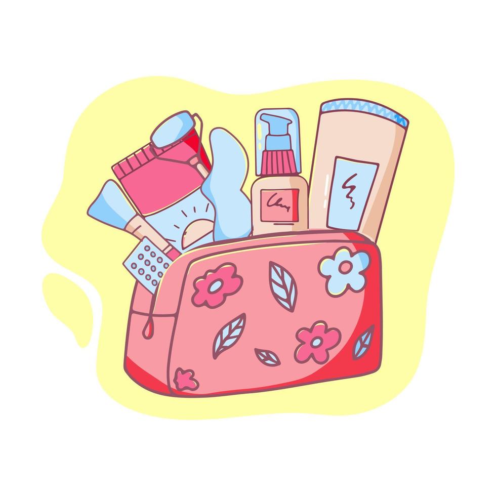 bolsa de cosméticos para mujer con cosméticos para el cuidado de la piel. vector dibujado a mano ilustración. concepto de belleza