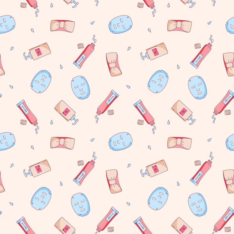 Skin care seamless pattern with hand drawn mask sheet, headband and cosmetic tubes and bottles. Vector endless beauty texture