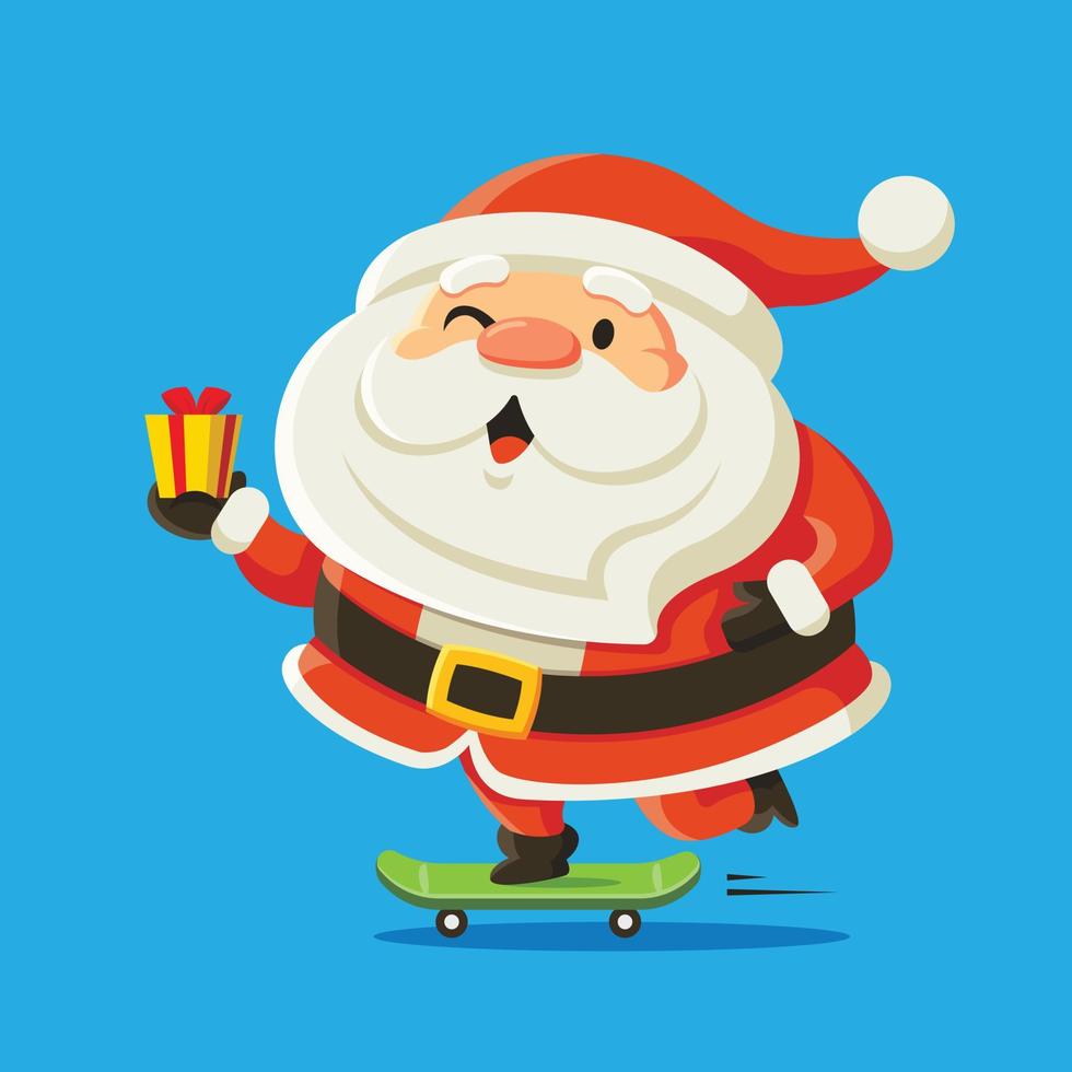 Feliz Navidad. Papá Noel lindo y gordito entrega un regalo de Navidad montando una patineta. personaje de santa claus en vector