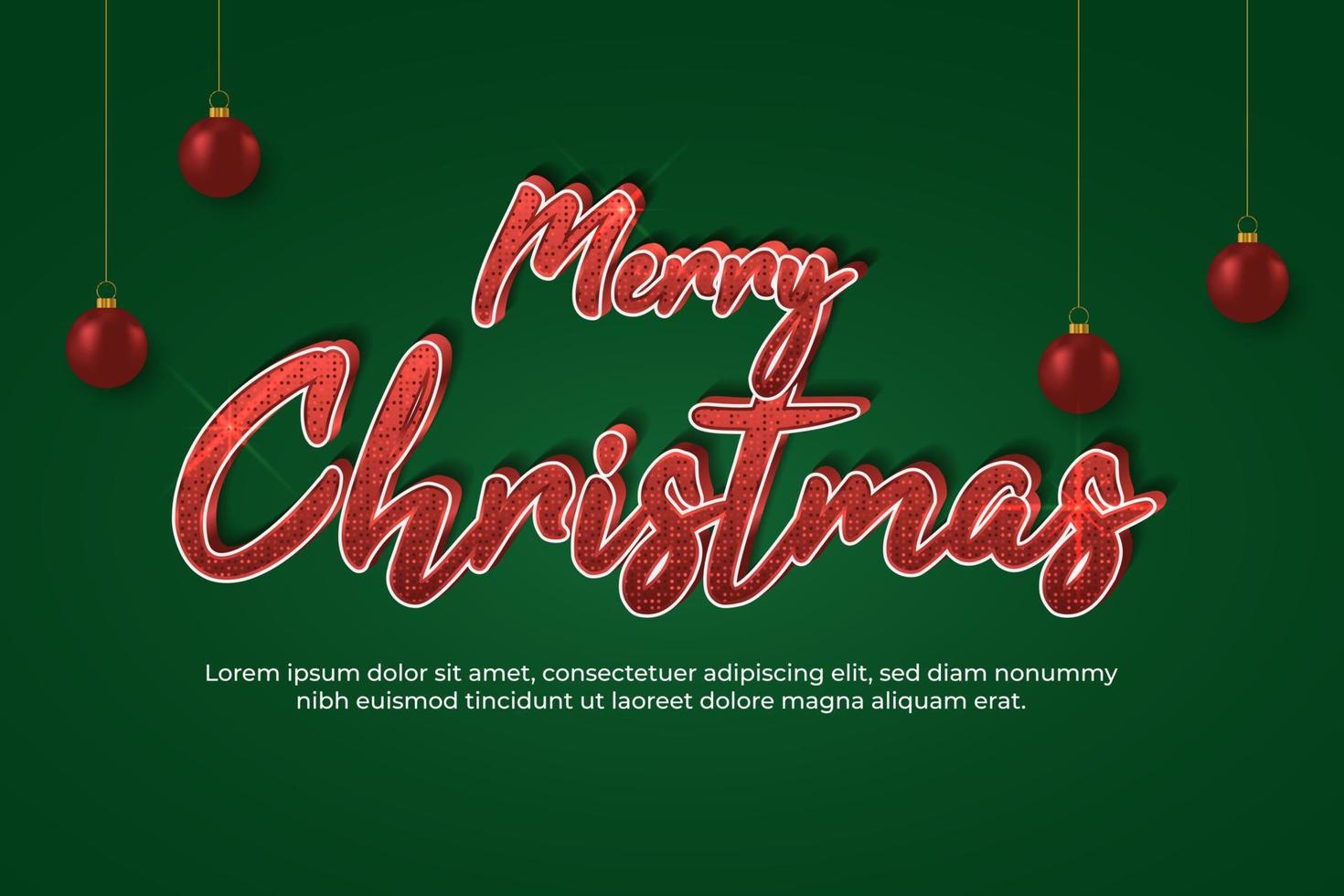 Merry christmas text effect for banner, background with realistic red christmas ball. vector