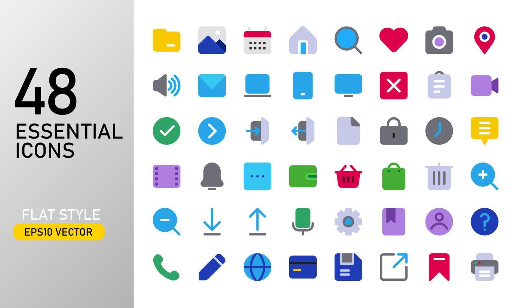 conjunto de iconos planos esenciales. icono de uso común para la tecnología digital y la interfaz de usuario de la aplicación. colección de iconos esenciales redondeados planos. vector