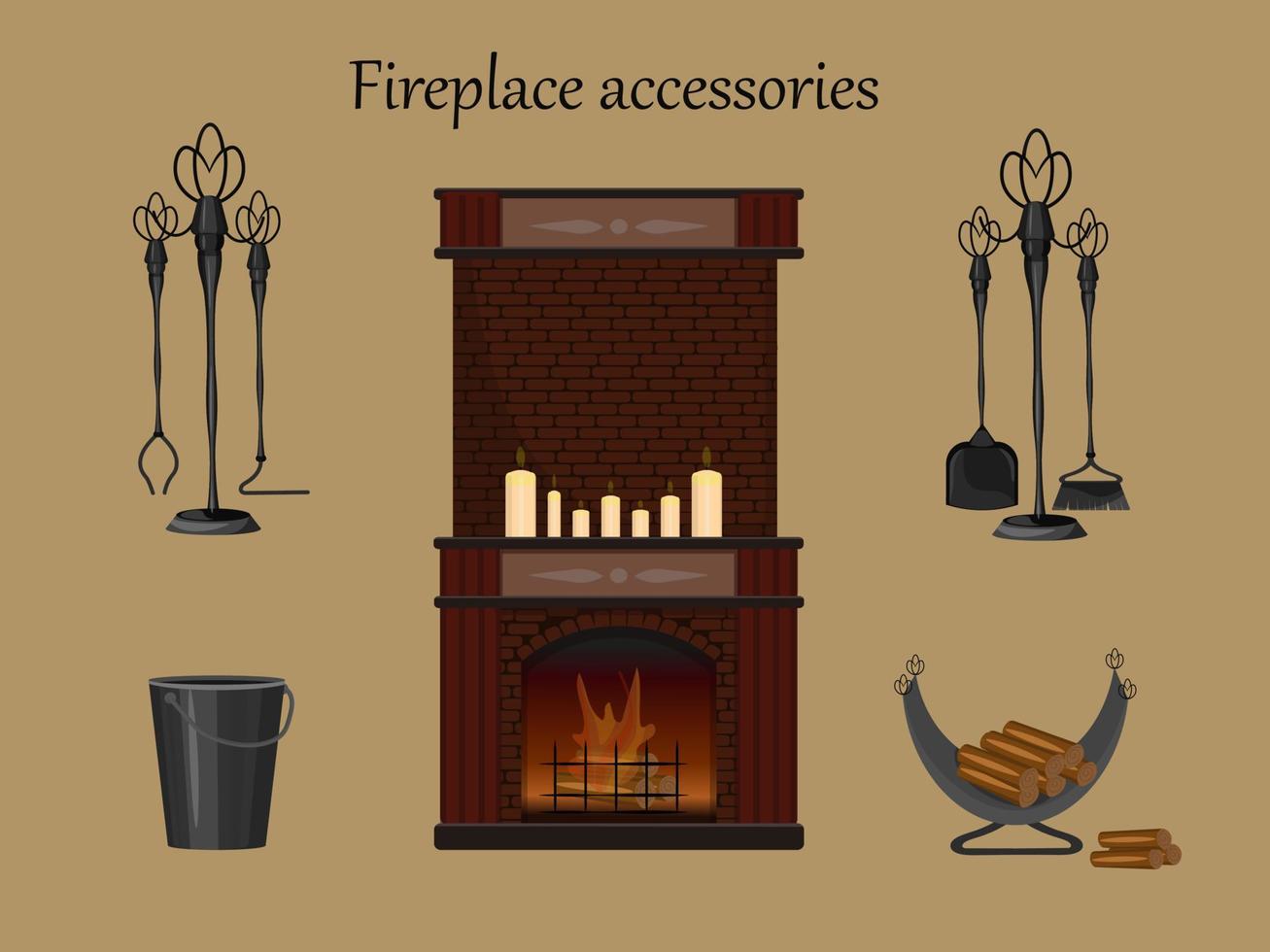 Fireplace tools and accessories. Fireplace, firebox with firewood, scoop, brush, poker, forceps and coal bucket. Vector illustration