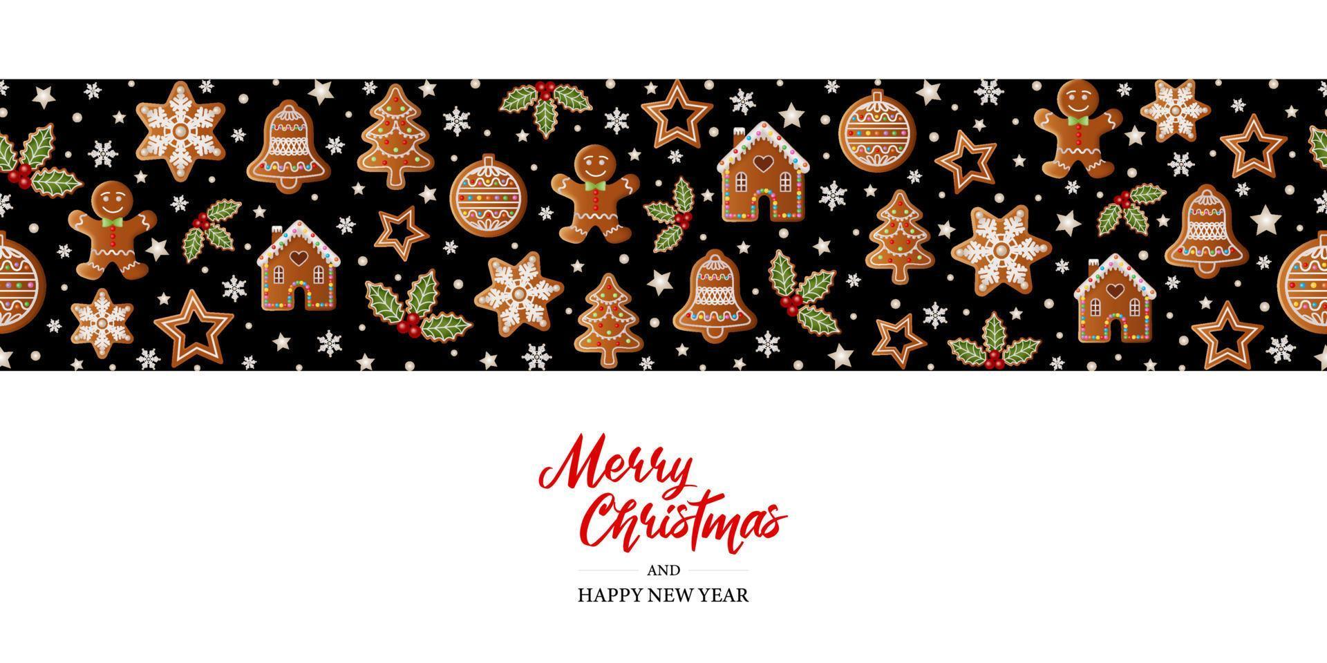 christmas background with gingerbread cookies. seamless banner with gingerbreads vector