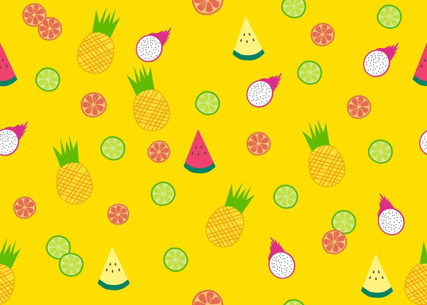 lindo patrón sin costuras de frutas tropicales aisladas sobre fondo amarillo. son varias frutas de colores. diseño gráfico para decoración, papel tapiz, tela, etc. vector