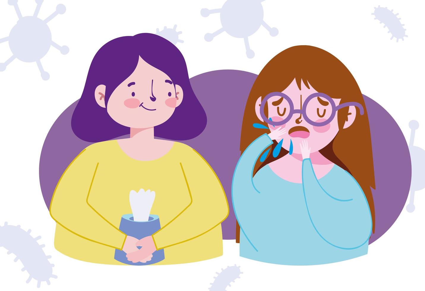 covid 19 coronavirus, coughing girl and woman with tissue paper vector