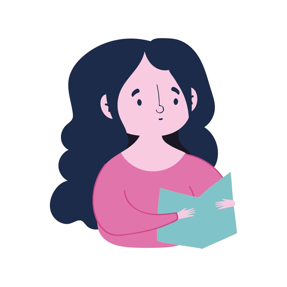 mujer joven, con, folleto, caricatura, carácter, aislado, icono, fondo blanco vector