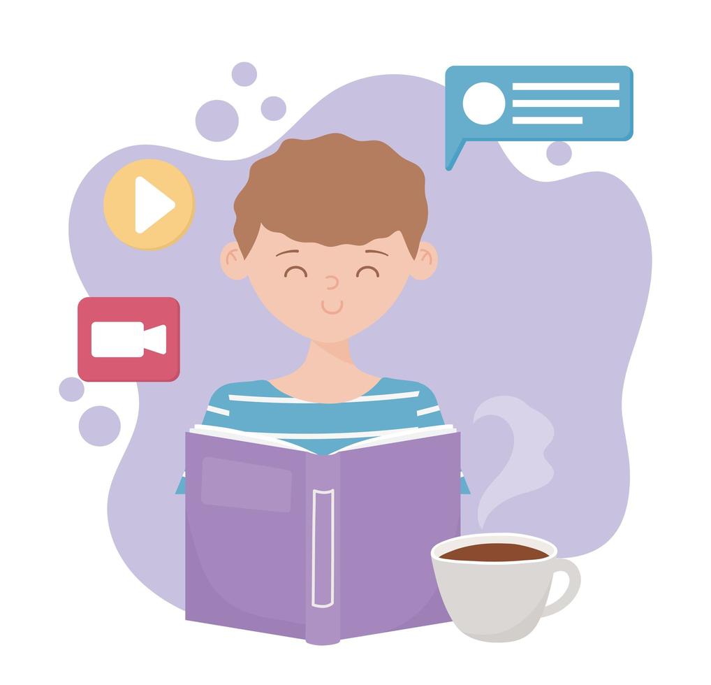 stay at home, online education boy with book studying vector