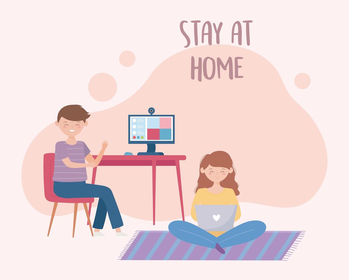 stay at home, boy in online meeting with computer and girl using laptop vector