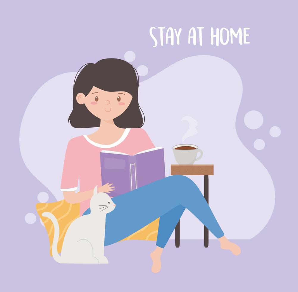 stay at home, young woman eading book and cat cartoon vector