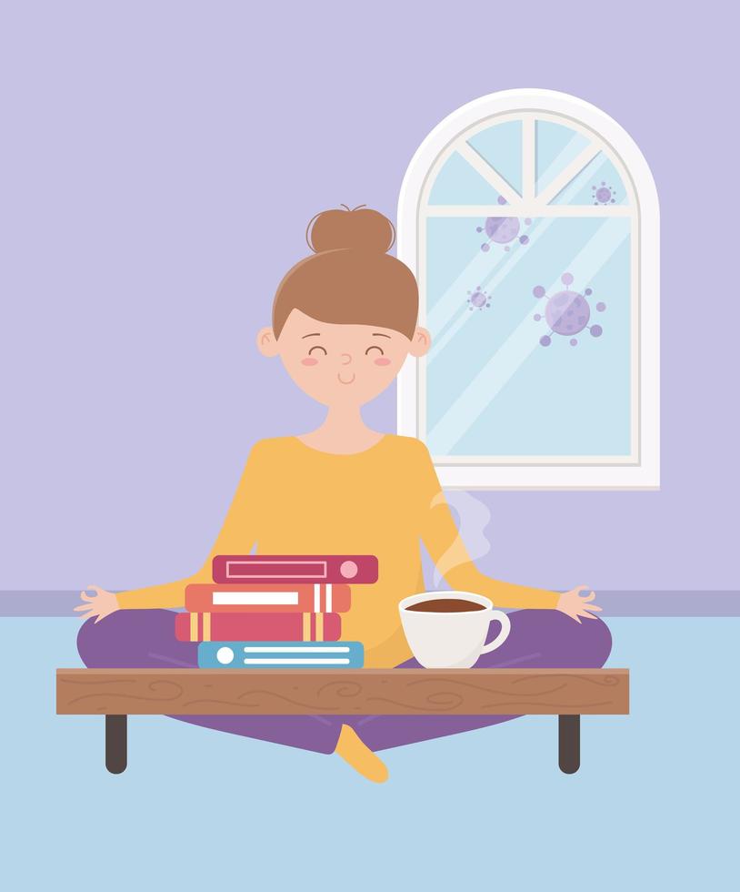 stay at home, woman sitting in floor with books and coffee cup vector