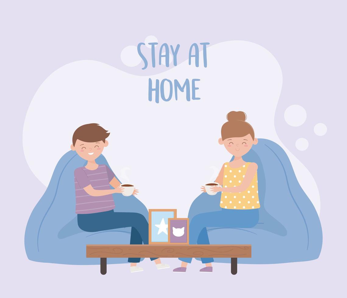 stay at home, man and woman coffee cup in living room vector