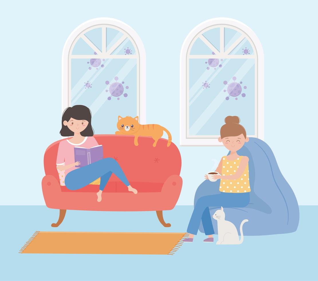 quedarse en casa, mujeres leyendo libros y café en el sofá con gatos vector