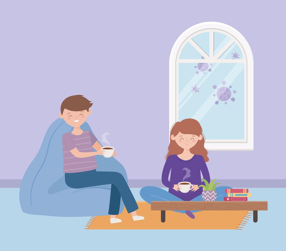 stay at home, couple with coffee cup in the living room vector