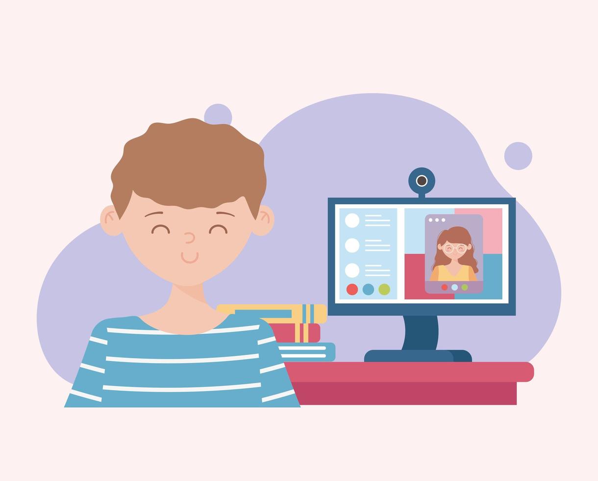 stay at home, boy with computer education online learning vector