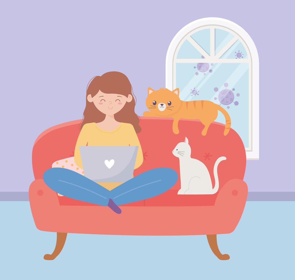 stay at home, girl using laptop sitting on sofa with cats vector