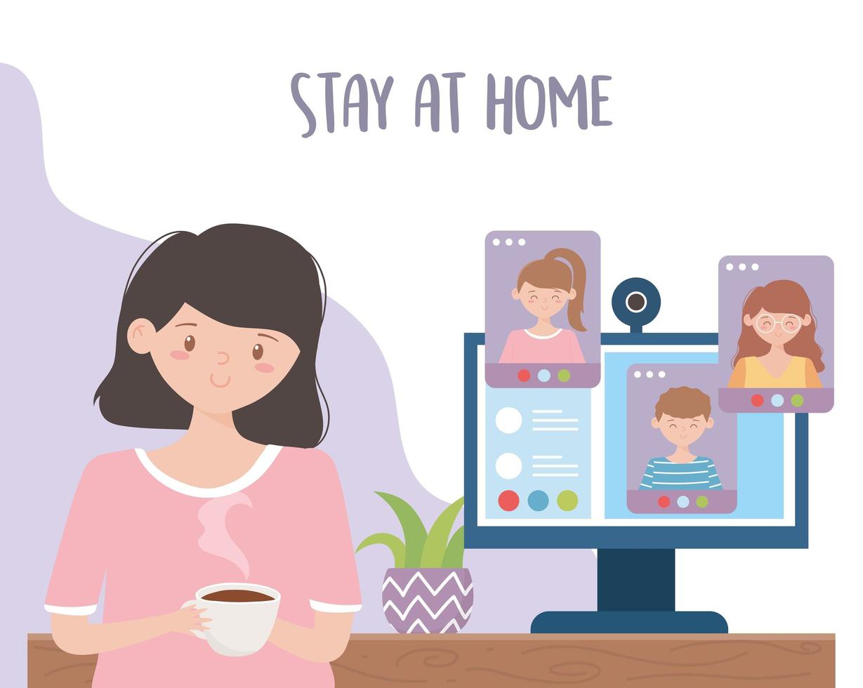 stay at home, woman with coffee cup books and computer studying vector
