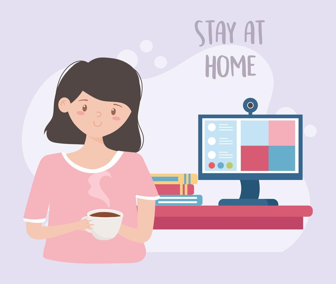 stay at home, woman with coffee cup books and computer studying vector