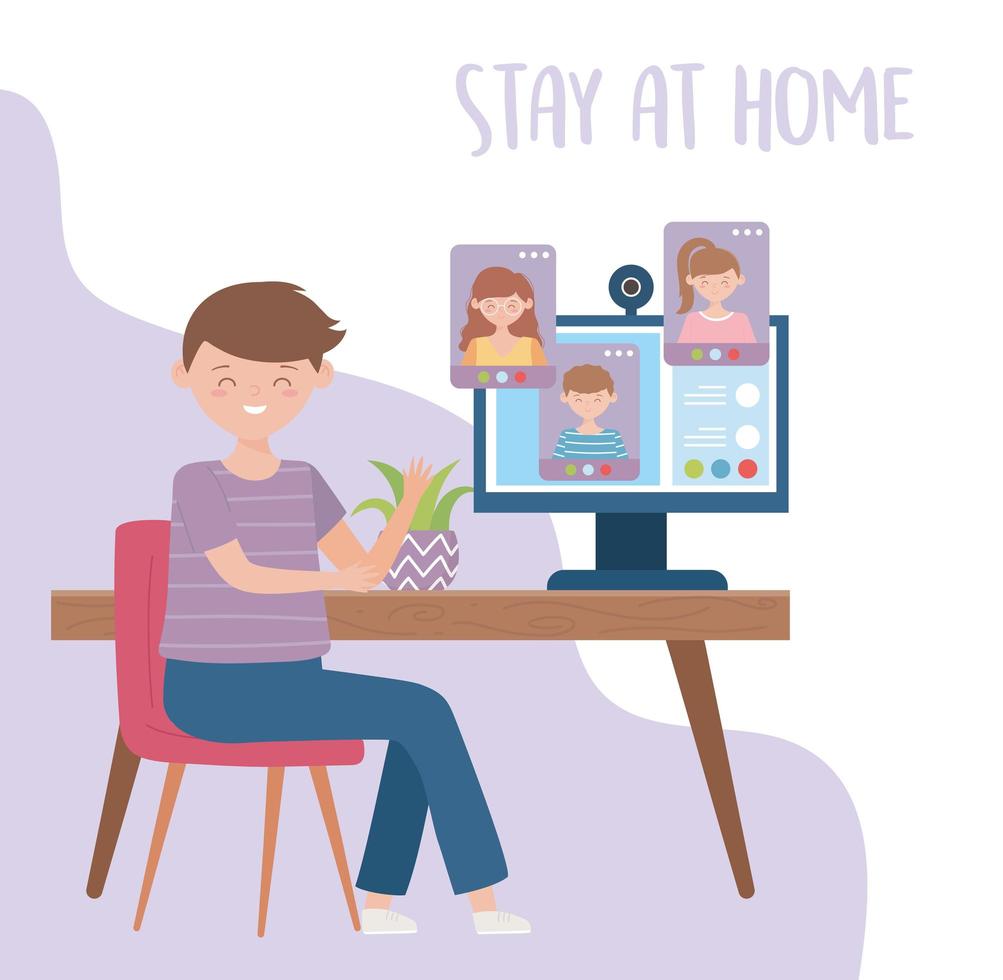 stay at home, education online boy with computer talking people vector