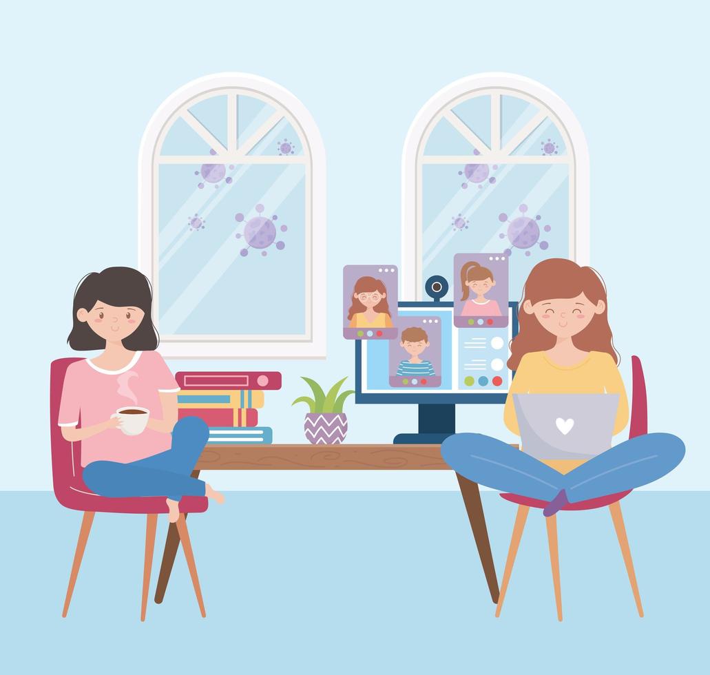 stay at home, girls with laptop and coffee cup in meeting online vector