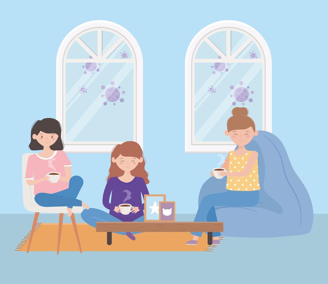 stay at home, group women coffee in the living room vector