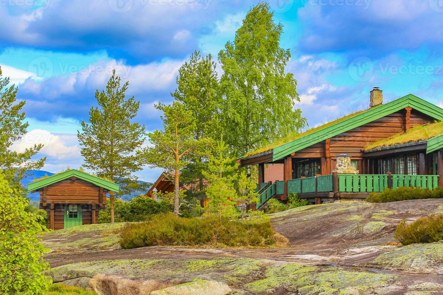 cabañas de madera noruega cabañas en la naturaleza paisaje nissedal noruega. foto