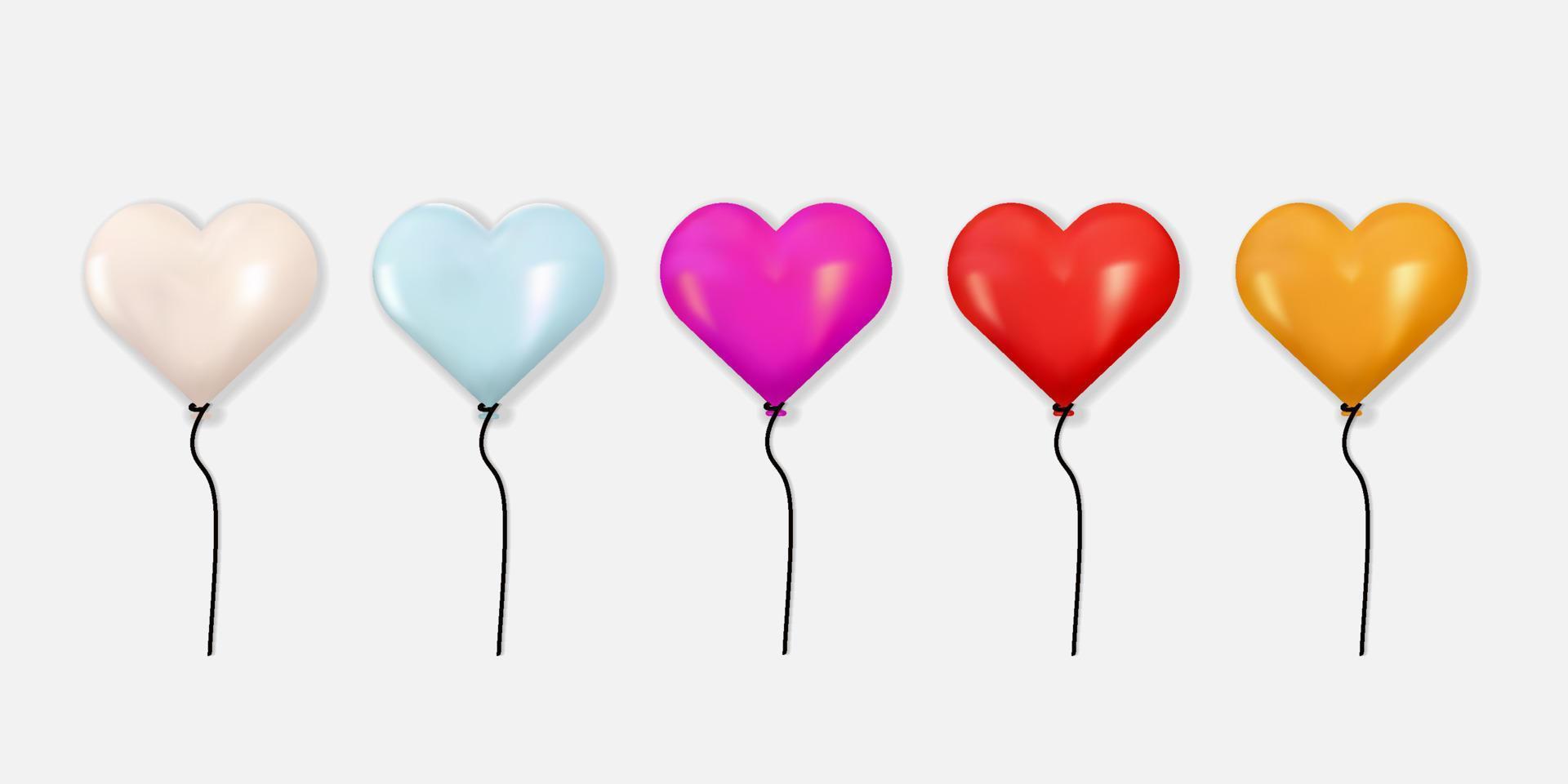 set of helium balloons. realistic balloons of heart shape with different colors, and glossy. 3D balloons object decoration vector