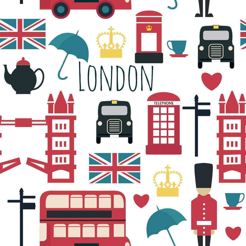 Brithsh seamless pattern with taxi crown flag bus London vector