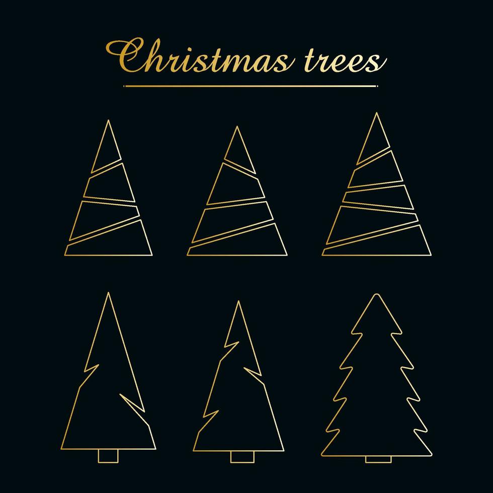 Christmas Trees - set of 6 golden outline icons. Merry Christmas and Happy New Year 2022. Vector illustration.