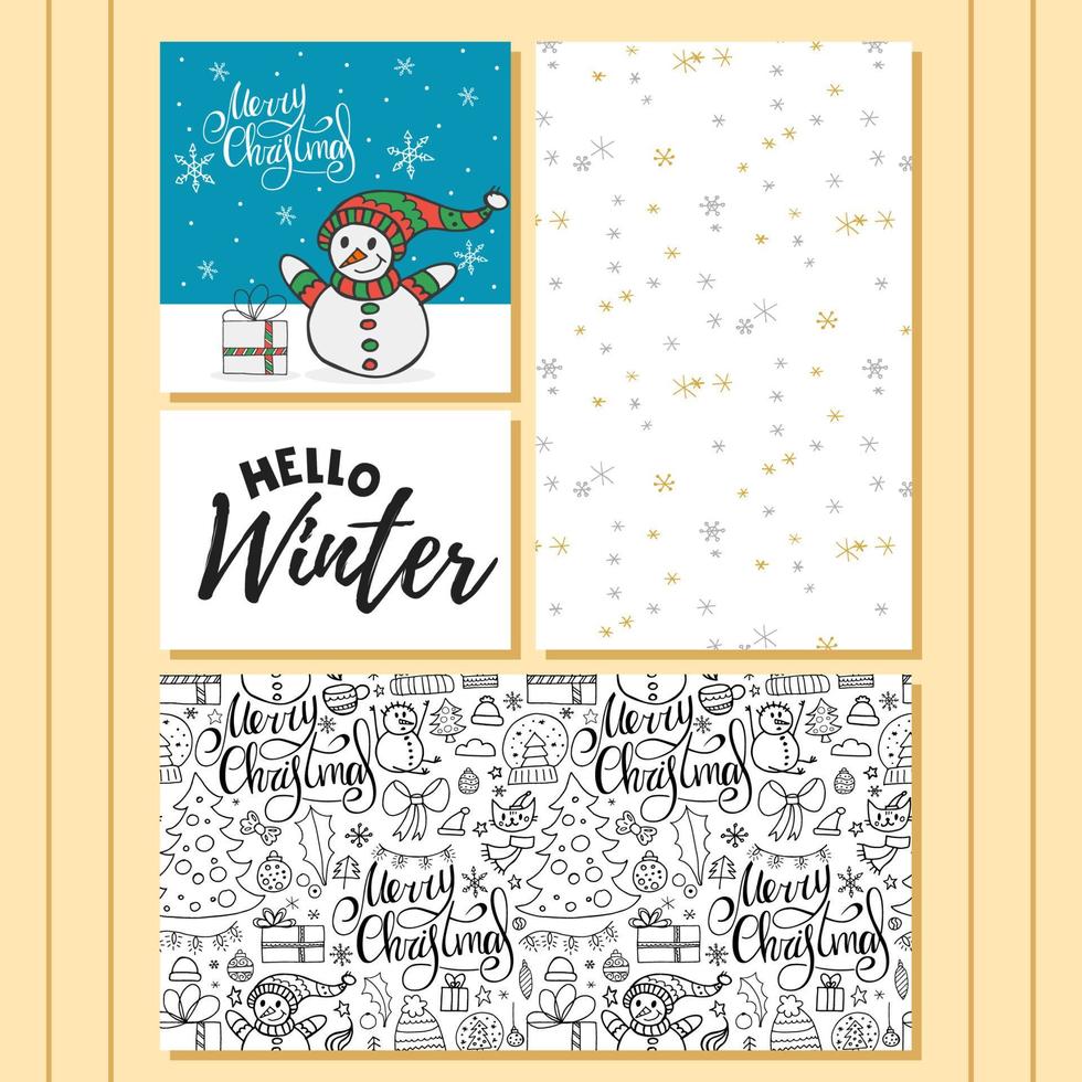 un conjunto de 4 ilustraciones dibujadas a mano. un conjunto de elementos de doodle de invierno con letras - hola invierno. patrones sin fisuras. feliz navidad y próspero año nuevo 2022. doodle dibujado a mano. vector