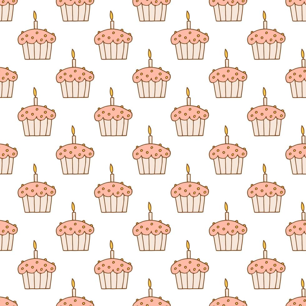 Hand drawn seamless pattern. Doodle style. Festive elements. Cupcake with candle. White background. Vector. vector