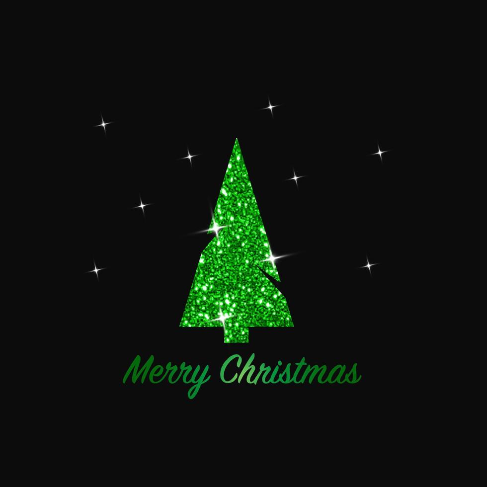 Sparkling Christmas Tree. Green Metallic glitter icon on a dark background. Merry Christmas and Happy New Year 2022. Vector illustration.