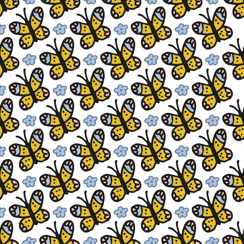 Seamless pattern. Doodle style hand drawn. Nature elements. Vector illustration. Seamless pattern. Doodle style hand drawn. Nature elements. Vector illustration. Yellow butterflies and blue flowers.