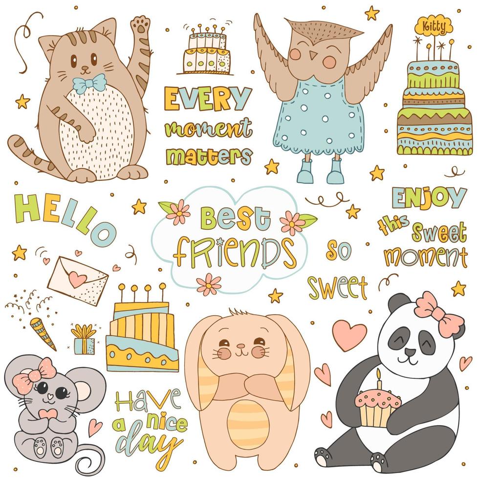 Hand drawn cute animals with lettering. Cat, Panda, Bunny with striped ears and a belly, Mouse with a pink bow and a heart, Owl in a blue dress with polka dots and boots. Gift and cake with candles. vector