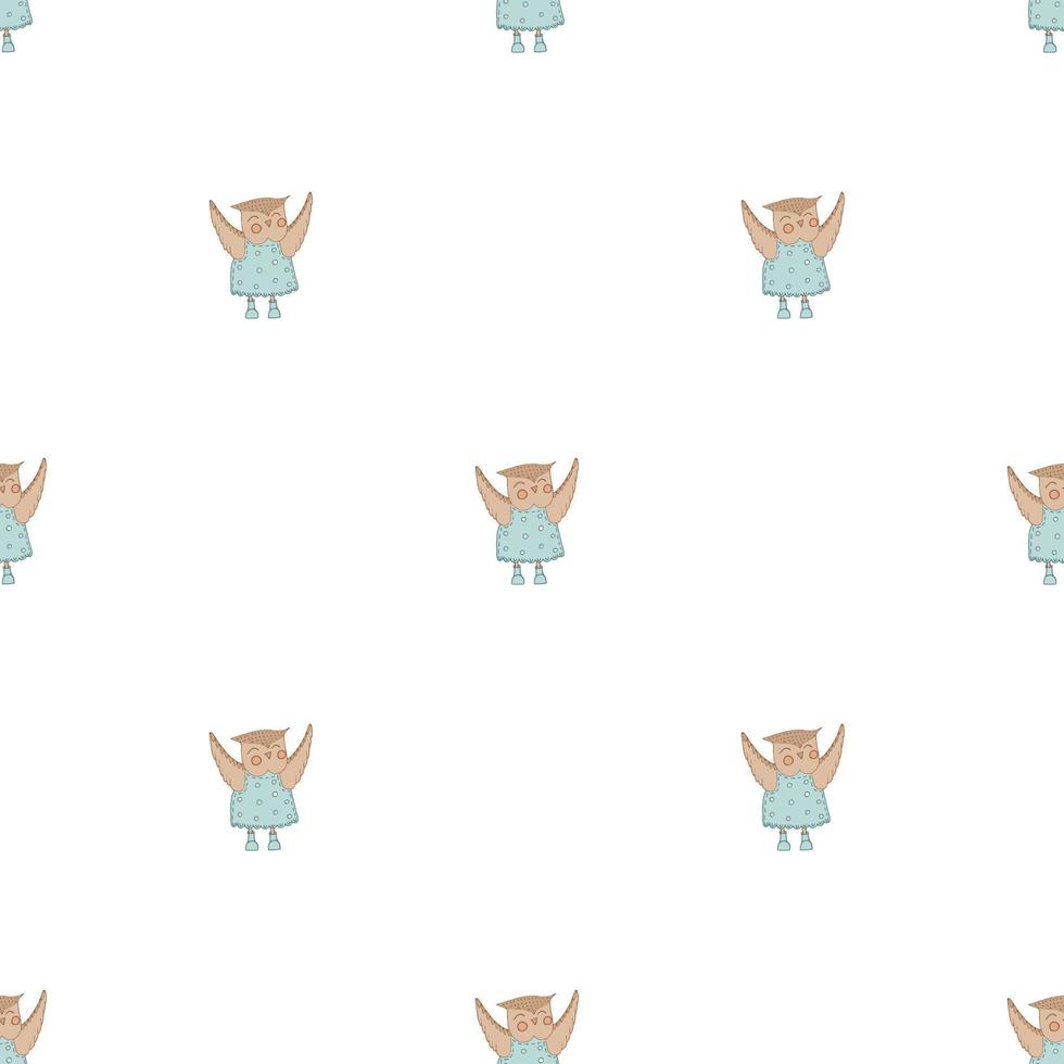 Hand drawn cute animals. Seamless pattern. An owl in a blue dress with polka dots and boots. White background. Vector. vector