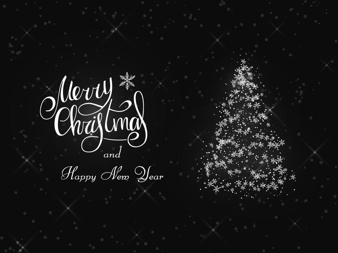 Handwritten white lettering on a dark graybackground. Magic white lush Christmas tree of snowflakes and snowstorms. Merry Christmas and Happy New Year 2022. vector