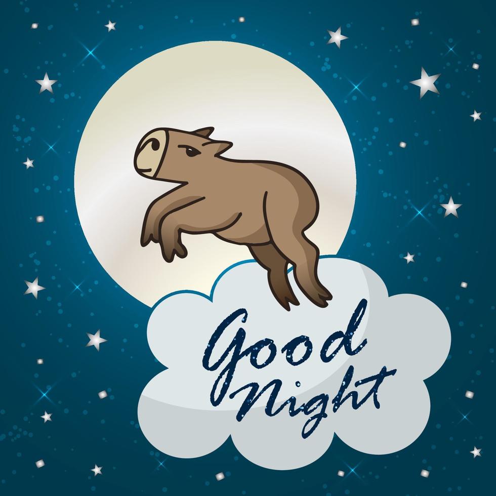 lindo capibara salta sobre el fondo de la luna y las nubes. buenas noches dulces sueños. ilustración vectorial cómica. vector