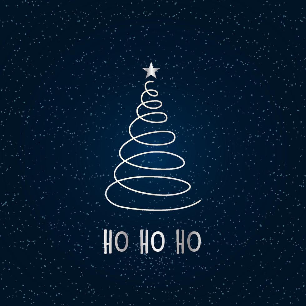 Silver silhouette of a Christmas tree with snow and star on a dark blue background. Merry Christmas and Happy New Year 2022. Vector illustration. Ho ho ho.