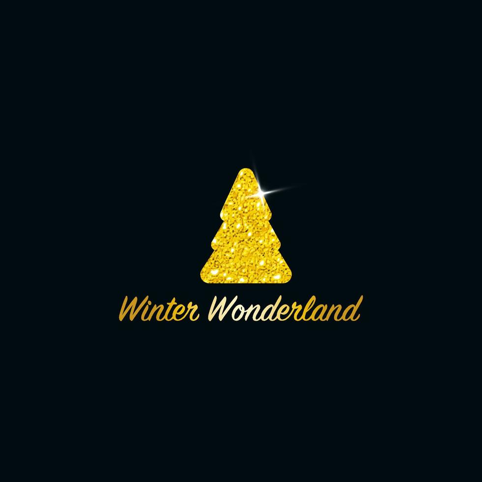 Sparkling Christmas Tree. Golden Metallic glitter icon on a dark blue background. Merry Christmas and Happy New Year 2022. Vector illustration. Winter Wonderland.