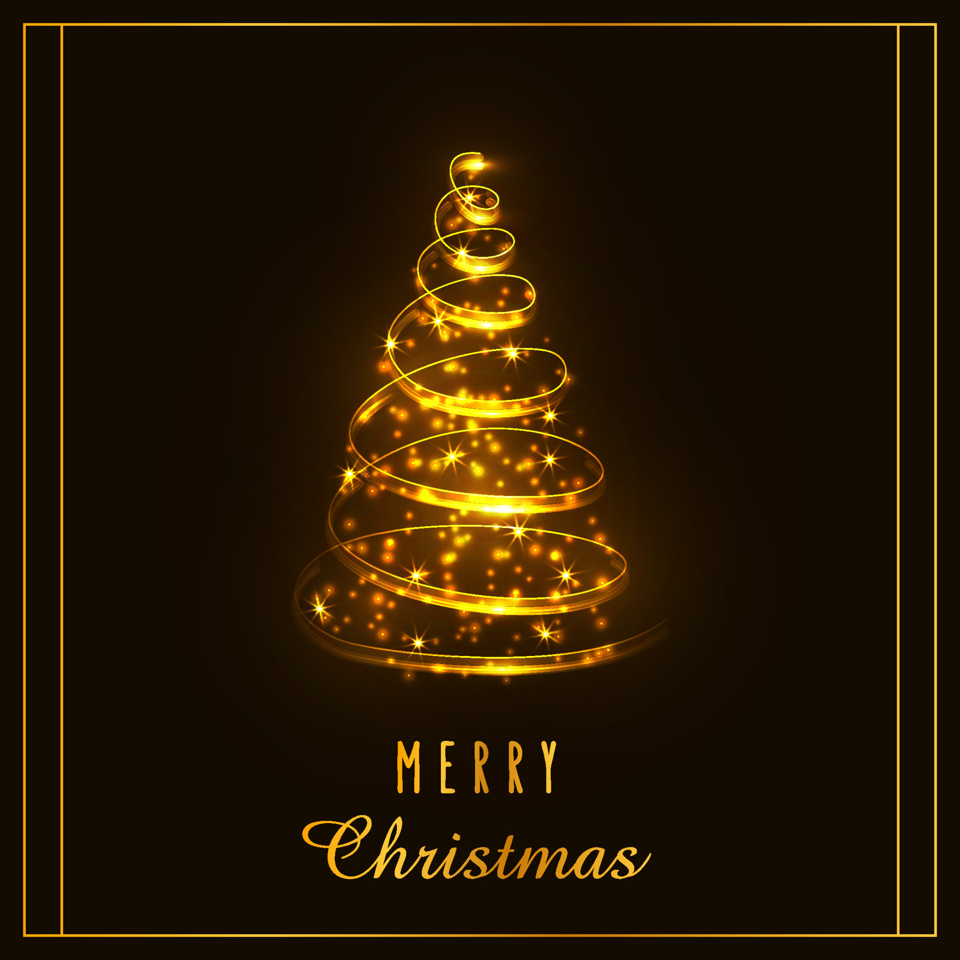 Glowing Magic Christmas Tree. Golden twinkling wonderful lights. Merry